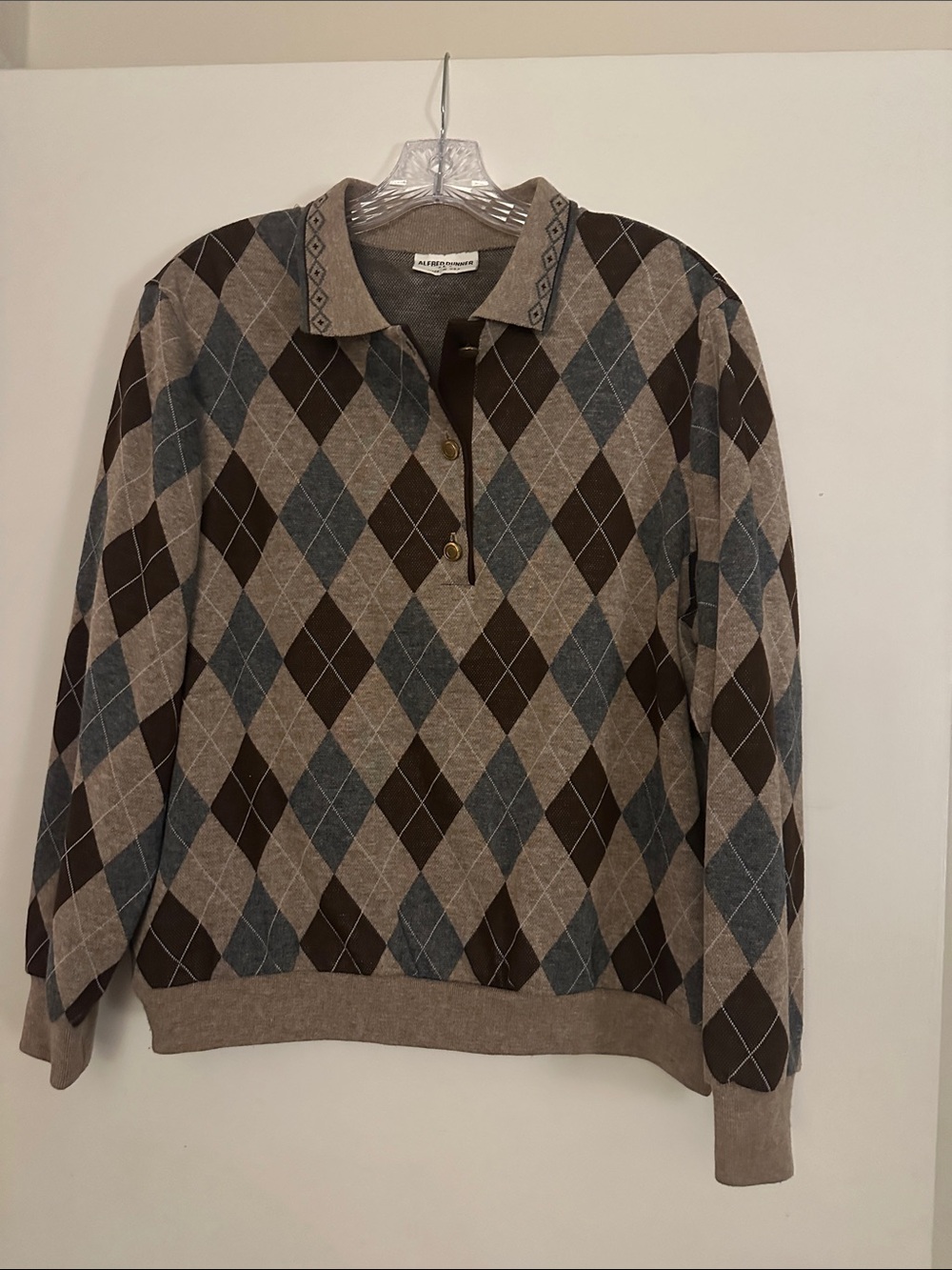 Vintage Style Alfred Dunner Argyle Polo Sweater - Beige, Brown & grey